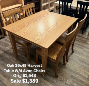 36×48 Harvest Table w/4 Small Avon Chairs $1,389
